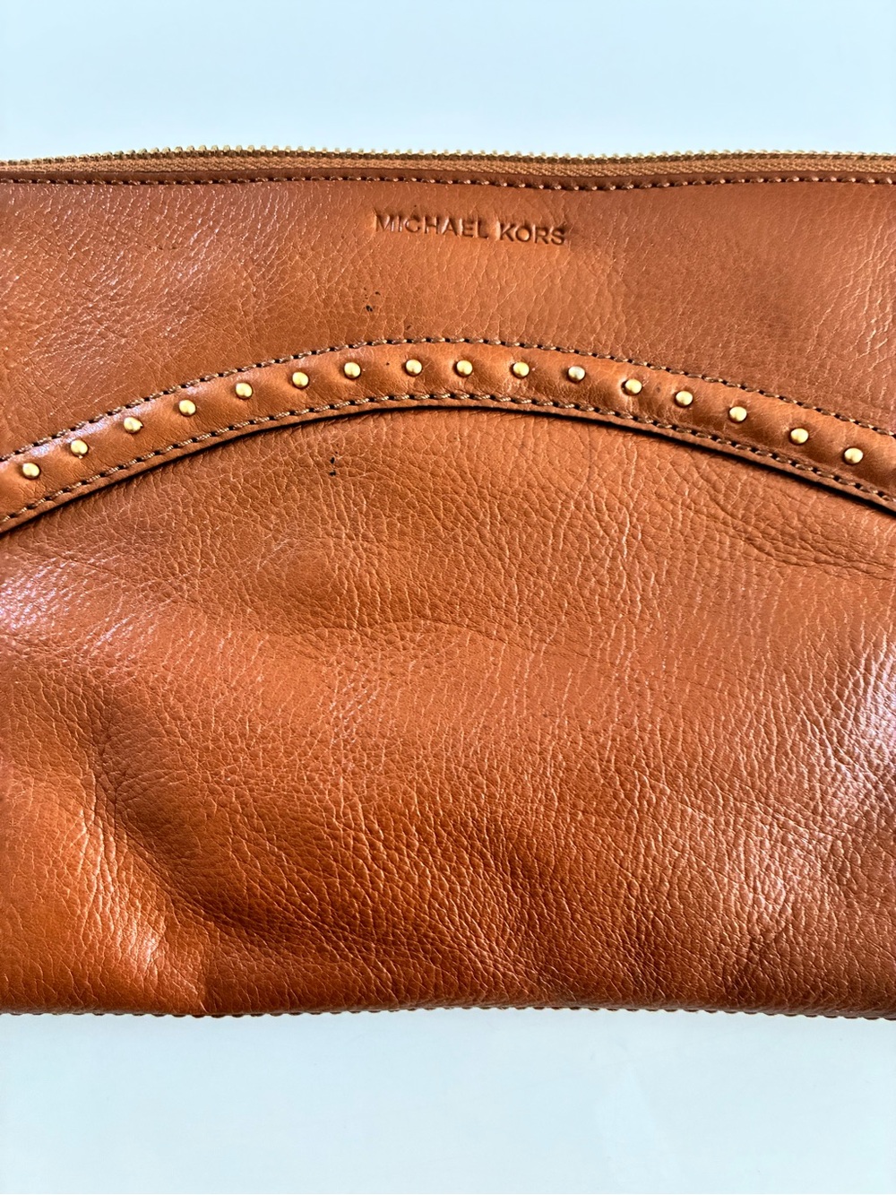 VTG Michael Kors Cognac Lamb Leather Western Scalloped Studded Zip Clutch-READ - Picture 8 of 15